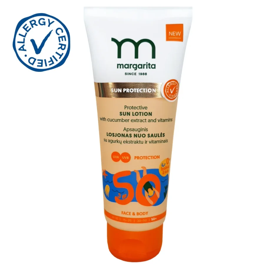 MARGARITA ALLERGY CERTIFIED Apsauginis losjonas nuo saulės vaikams su agurkų ekstraktu ir vitaminais SPF50, 75 ml