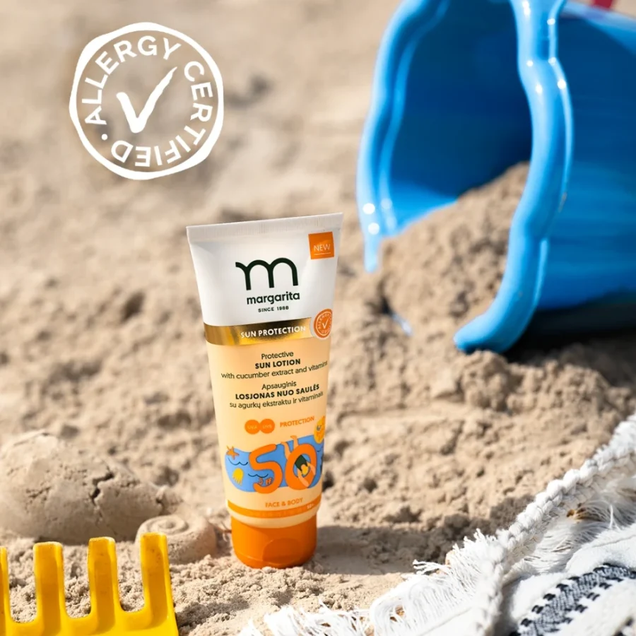 MARGARITA ALLERGY CERTIFIED Apsauginis losjonas nuo saulės vaikams su agurkų ekstraktu ir vitaminais SPF50, 75 ml - Image 2