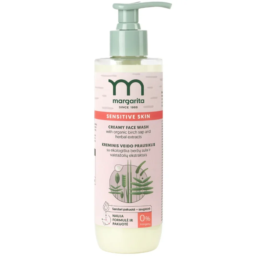 MARGARITA SENSITIVE SKIN Kreminis veido prausiklis su ekologiška beržų sula ir vaistažolių ekstraktais 250ml